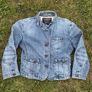 Rampage Jean Jacket Womens Jrs M Blue Elbow Patch Distressed Ruffle Pockets Y2K
